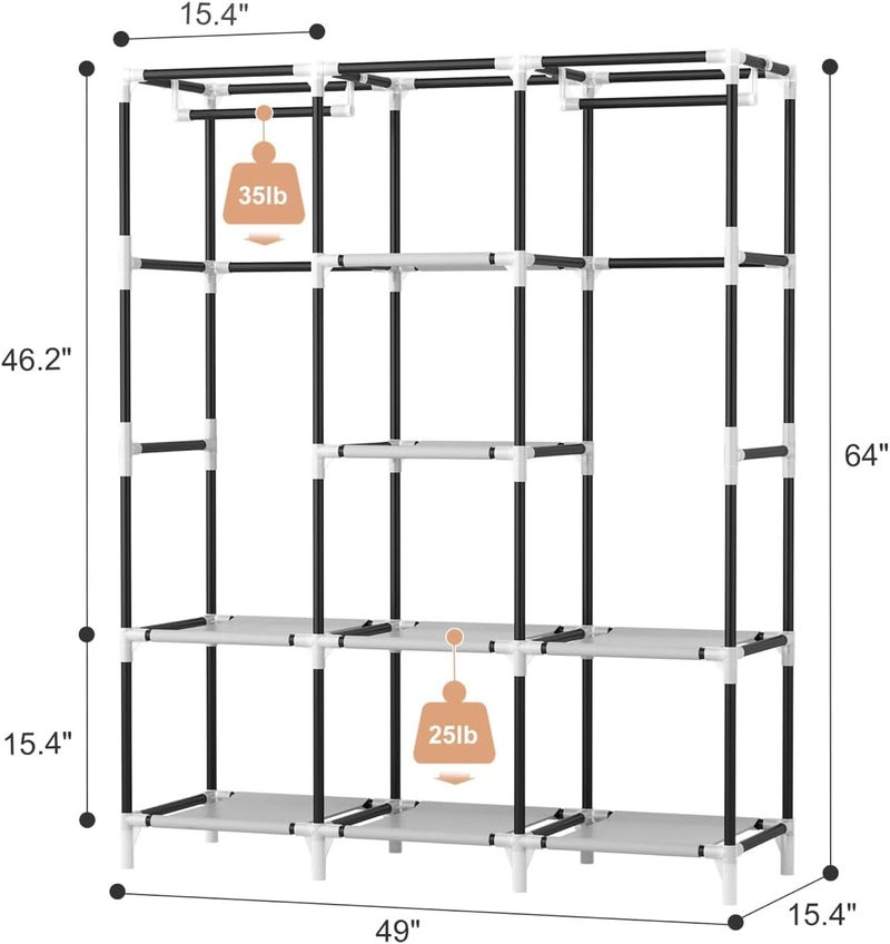 VTIN Portable Closet Wardrobe for Hanging Clothes with 2 Hanging Rods and 8 Storage Organizer Shelves,Sturdy Large Wardrobe Closet for Bedroom Free Standing Clothes Rack with Cover,Grey - Image 3